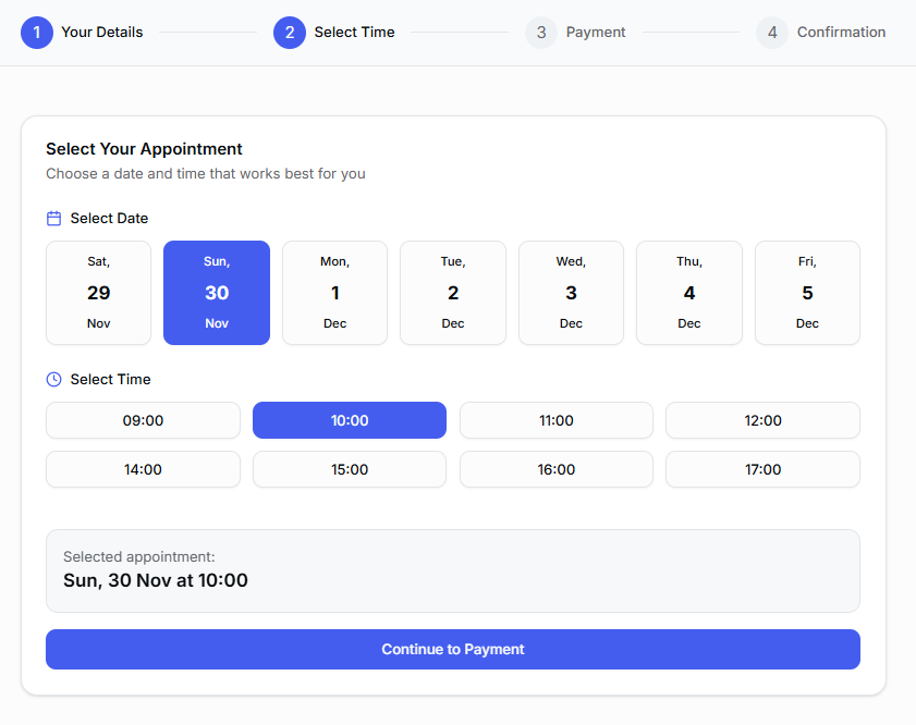 Step 2: Select appointment time - Calendar view with available time slots for MOT booking